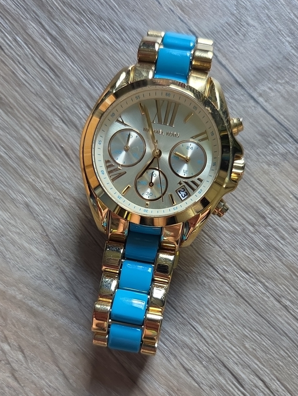Michael Kors Gold and Turquoise Bracelet Chronograph Watch